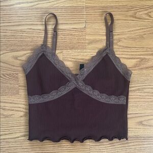 Divided Brown Lace Trim Crop Top